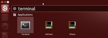 A graphical desktop. The menu bar is on the far left. The top icon bears the Ubuntu logo and has been selected and a search bar is shown as a result. The word terminal is typed into the search bar and the application called Terminal is shown in the search results.