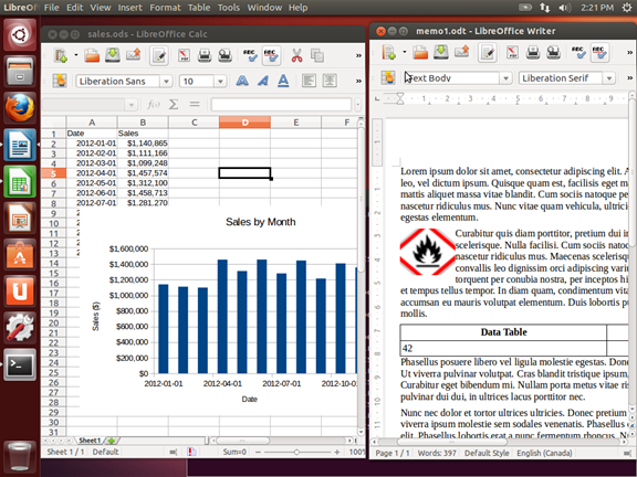 A graphical desktop with two Windows open. One is LibreOffice Calc, the other is LibreOffice Writer.