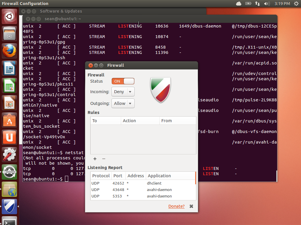 A graphical desktop showing a terminal window in the background and a Firewall window in the foreground. The status of the firewall has been switched to on.