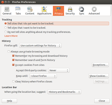 A Firefox preferences window with tabs listed at the top. The privacy tab is selected. In the tracking section there are three options with radio buttons. The selected option reads “Tell sites that I do not want to be tracked.”